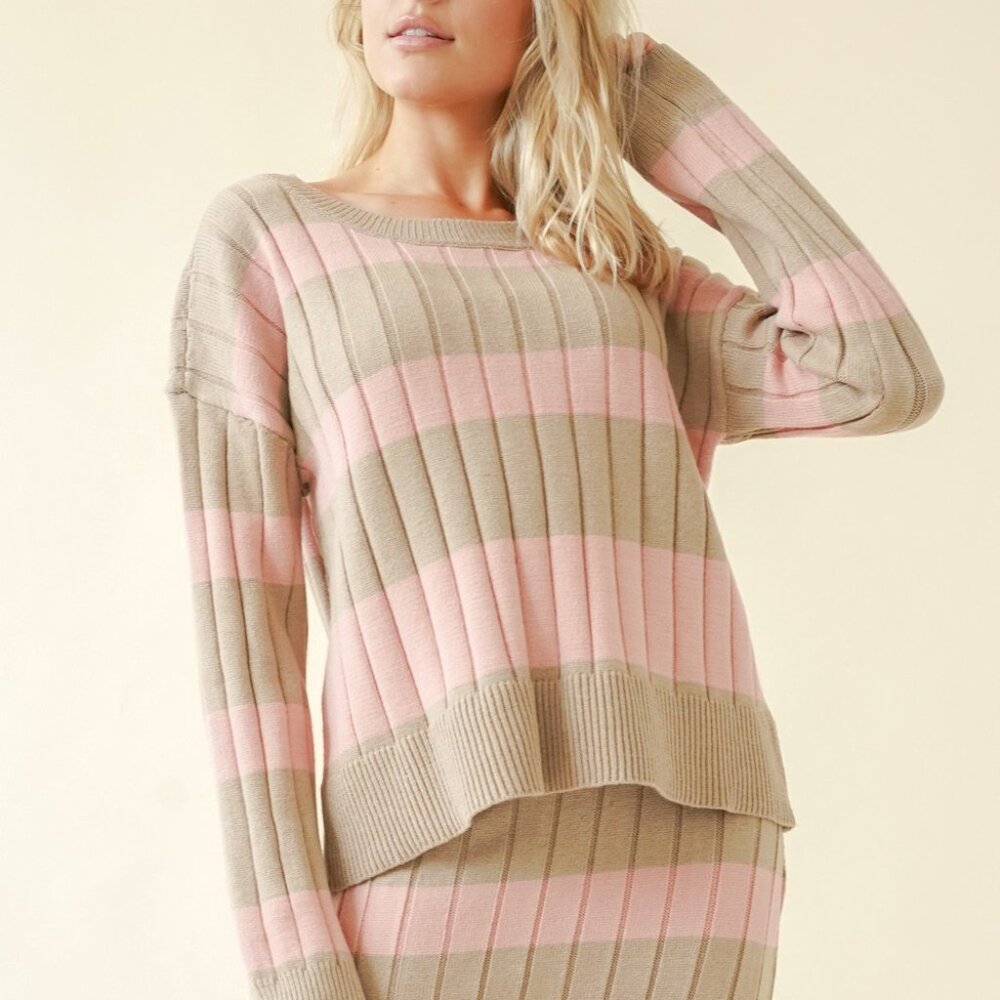 HEM & THREAD Tan & Pink Striped Ribbed Knit Sweater  Cozy Long Sleeve Pullover